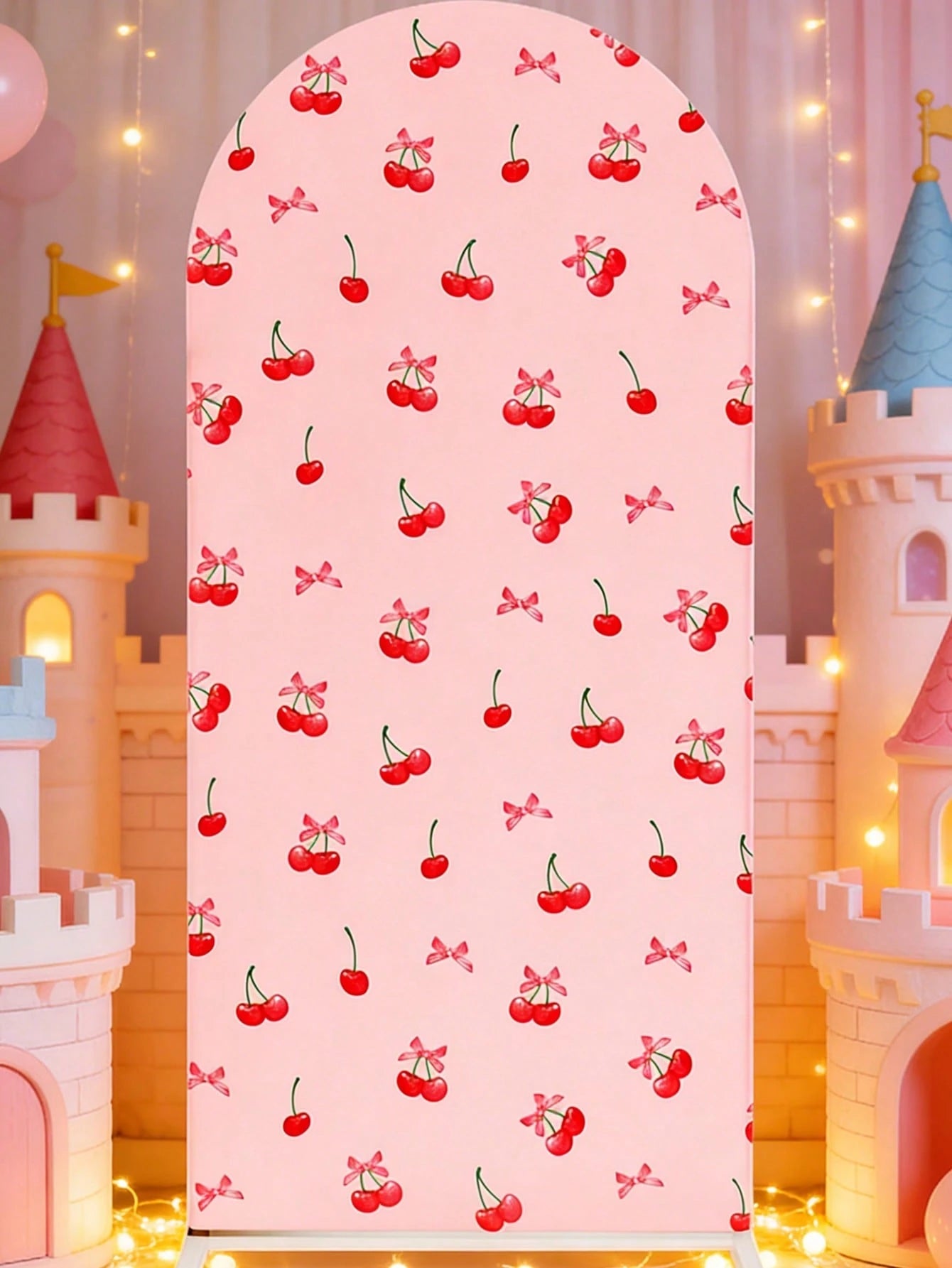 1pc Pink Bow & Cherry Themed Photo Backdrop Cloth, Suitable For Baby Shower Party, Newborn 1st Birthday Party, Baby Shower Party Photo Backdrop Decor, Newborn Party Backdrop Decor, Gender Reveal Party