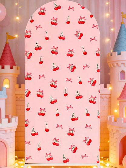 1pc Pink Bow & Cherry Themed Photo Backdrop Cloth, Suitable For Baby Shower Party, Newborn 1st Birthday Party, Baby Shower Party Photo Backdrop Decor, Newborn Party Backdrop Decor, Gender Reveal Party
