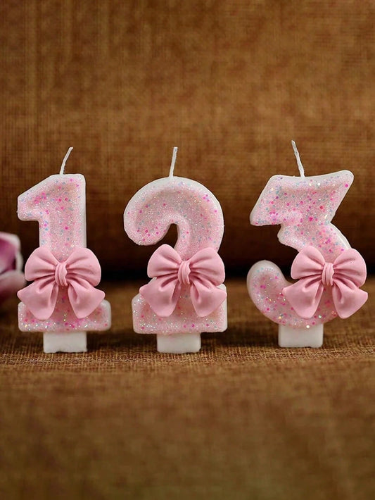 1pc Pink Bow Shaped 0-9 Rhinestone Number Birthday Anniversary Event Party Cake Candle Aromatherapy Candles Number Candles Children's Cake Decoration