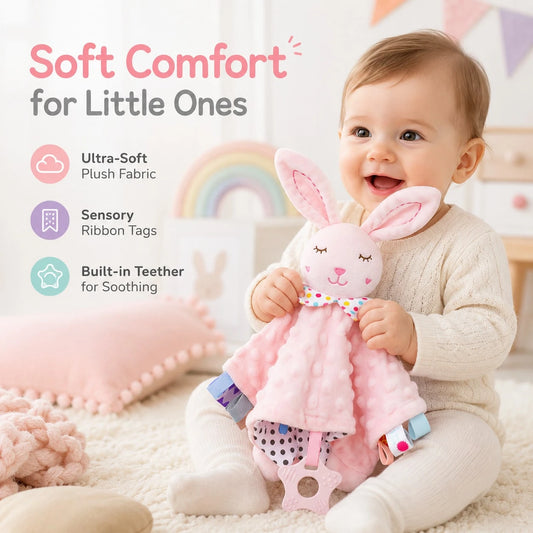 1pc Pink Bunny Baby Comforter With Teether & Satin Ribbon Tags, Soft Plush Comfortable Toy, Suitable For Newborn Baby Girls, Baby Shower Gift