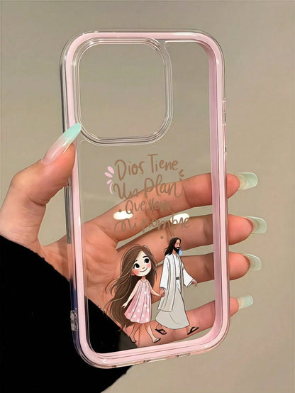 1pc Pink Jesus Holding Girl's Hand Minimalist Personalized TPU Shockproof Full Coverage Phone Case, Compatible With Apple 17, 16, 15, 14, 13, 12, 11 Pro Max, Air, And Series