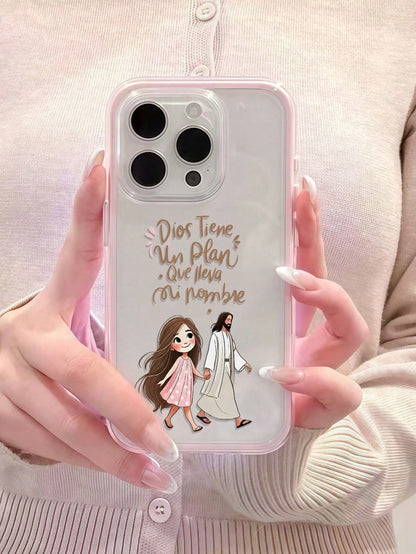 1pc Pink Jesus Holding Girl's Hand Minimalist Personalized TPU Shockproof Full Coverage Phone Case, Compatible With Apple 17, 16, 15, 14, 13, 12, 11 Pro Max, Air, And Series