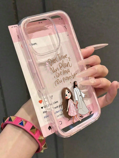 1pc Pink Jesus Holding Girl's Hand Minimalist Personalized TPU Shockproof Full Coverage Phone Case, Compatible With Apple 17, 16, 15, 14, 13, 12, 11 Pro Max, Air, And Series