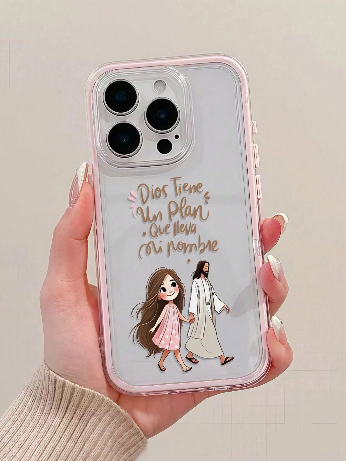 1pc Pink Jesus Holding Girl's Hand Minimalist Personalized TPU Shockproof Full Coverage Phone Case, Compatible With Apple 17, 16, 15, 14, 13, 12, 11 Pro Max, Air, And Series