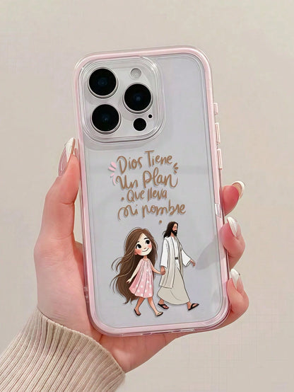 1pc Pink Jesus Holding Girl's Hand Minimalist Personalized TPU Shockproof Full Coverage Phone Case, Compatible With Apple 17, 16, 15, 14, 13, 12, 11 Pro Max, Air, And Series