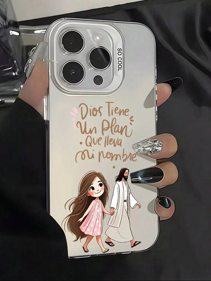 1pc Pink Jesus Holding Girl's Hand Minimalist Personalized TPU Shockproof Full Coverage Phone Case, Compatible With Apple 17, 16, 15, 14, 13, 12, 11 Pro Max, Air, And Series