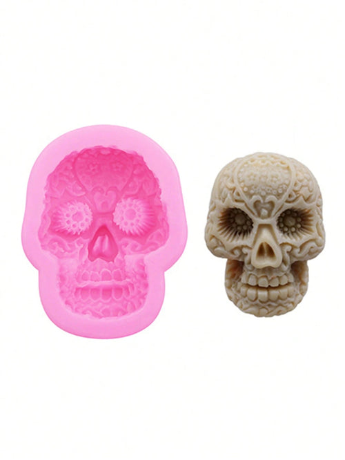 1pc Pink Liquid Silicone Halloween Skull Mold, Resin Jewelry Accessory, Hollow Out Clogs Shoes Phone Case Decoration DIY Soft Clay Epoxy Resin Mold, Handmade Decorative Art Tool