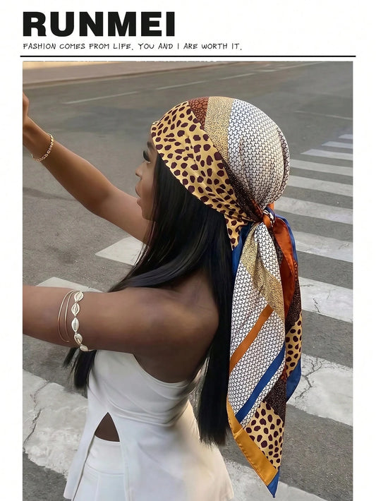 1pc Pink Simple Printed Satin Bandana, New Spring Fashion Hair Accessories Scarf For Women, Can Be Used As Belt,Ribbon, Headband Or Headscarf Bandana