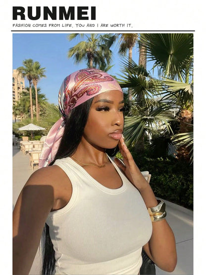 1pc Pink Simple Printed Satin Bandana, New Spring Fashion Hair Accessories Scarf For Women, Can Be Used As Belt,Ribbon, Headband Or Headscarf Bandana
