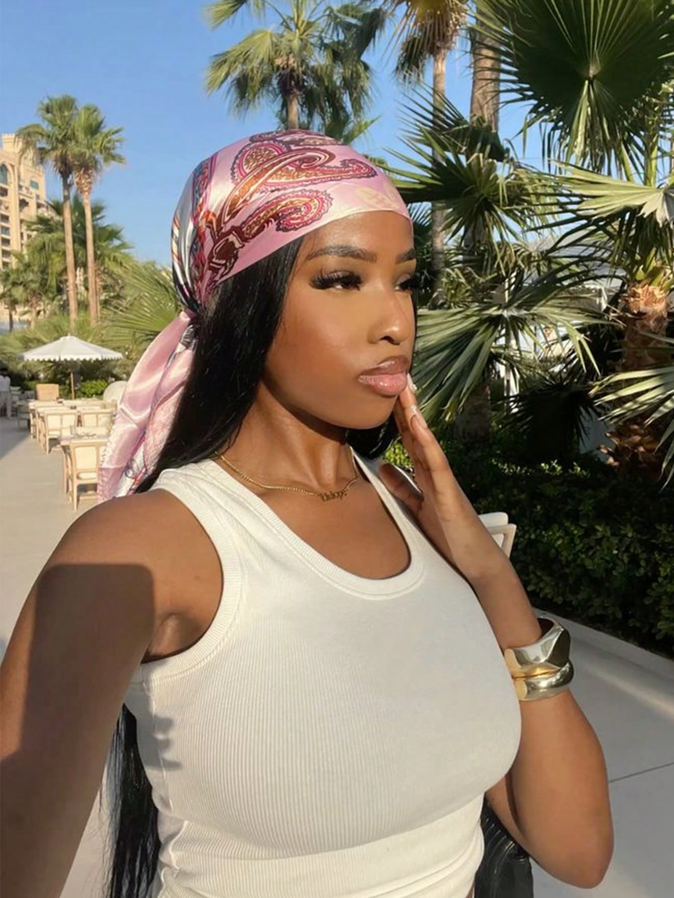 1pc Pink Simple Printed Satin Bandana, New Spring Fashion Hair Accessories Scarf For Women, Can Be Used As Belt,Ribbon, Headband Or Headscarf Bandana