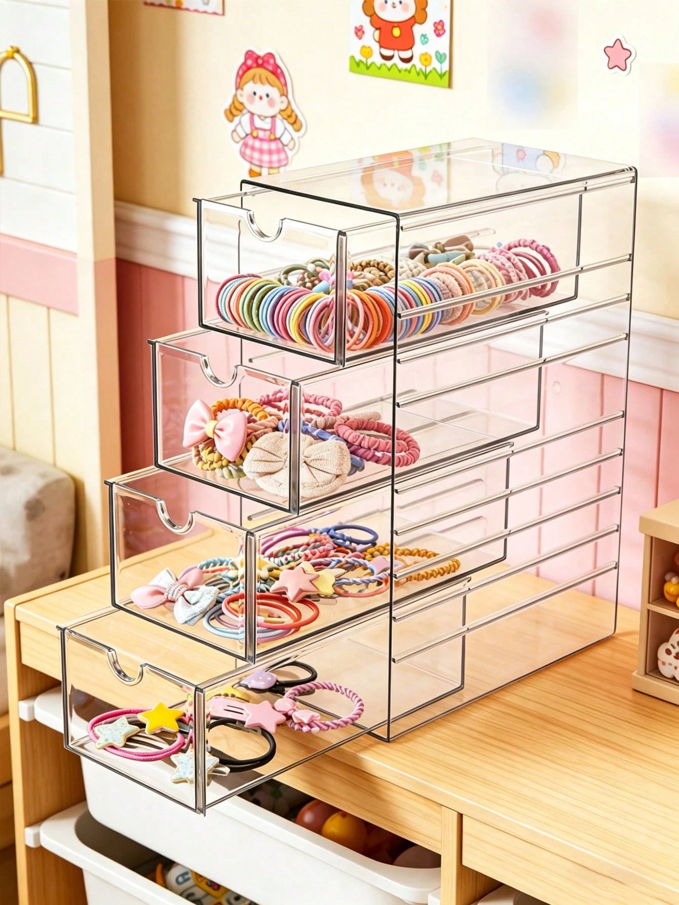 1pc Plastic Drawer Style Storage Box, Hair Accessory Storage Box, Handmade Storage Box, Baby And Baby Product Storage Box, 4-Layer Transparent Hair Accessory Storage Box, Stackable Bathroom Storage Co