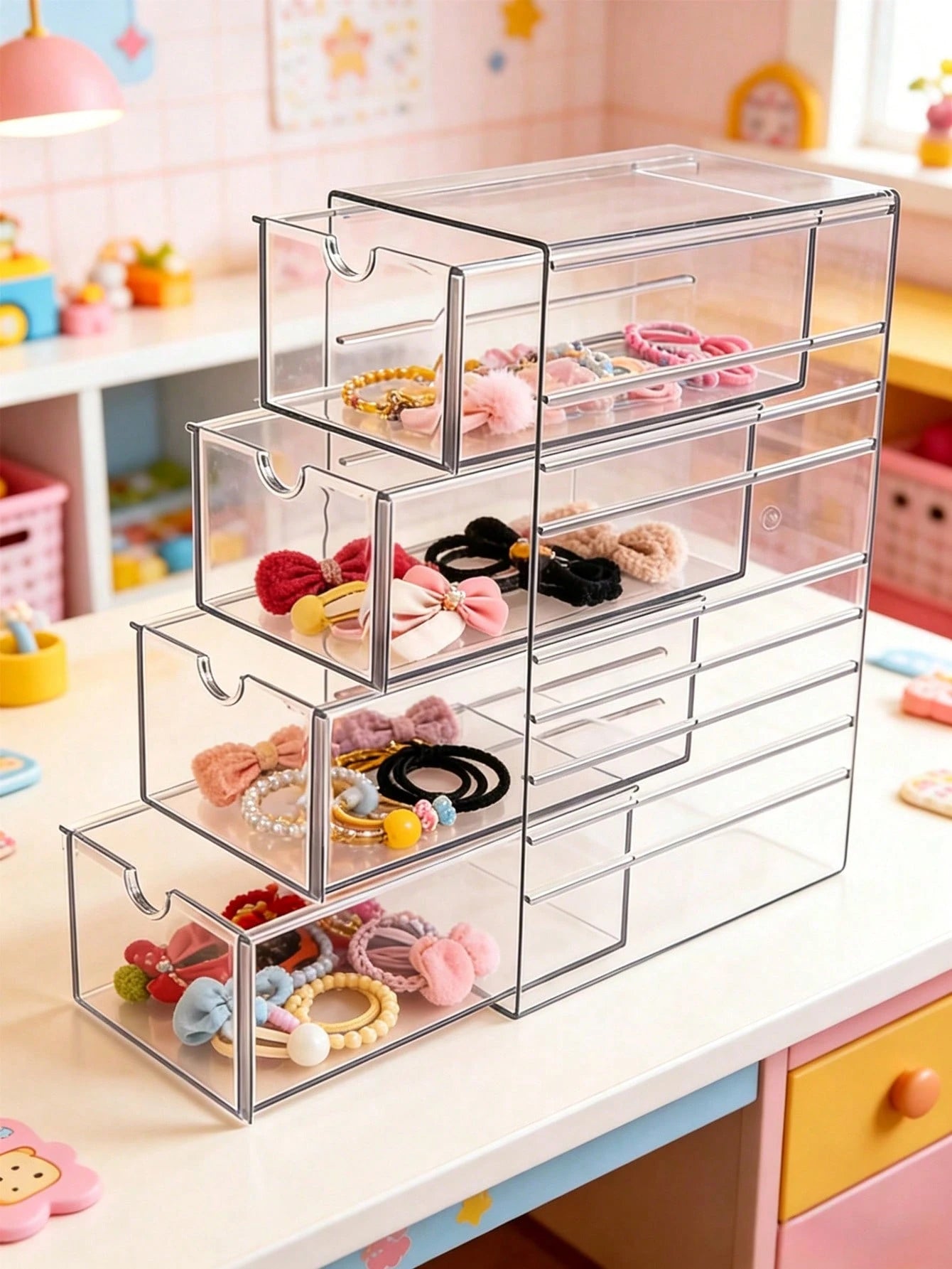 1pc Plastic Drawer Style Storage Box, Hair Accessory Storage Box, Handmade Storage Box, Baby And Baby Product Storage Box, 4-Layer Transparent Hair Accessory Storage Box, Stackable Bathroom Storage Co