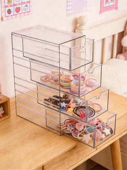1pc Plastic Drawer Style Storage Box, Hair Accessory Storage Box, Handmade Storage Box, Baby And Baby Product Storage Box, 4-Layer Transparent Hair Accessory Storage Box, Stackable Bathroom Storage Co