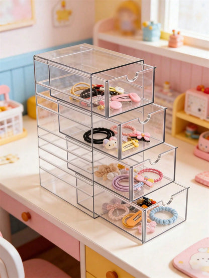 1pc Plastic Drawer Style Storage Box, Hair Accessory Storage Box, Handmade Storage Box, Baby And Baby Product Storage Box, 4-Layer Transparent Hair Accessory Storage Box, Stackable Bathroom Storage Co