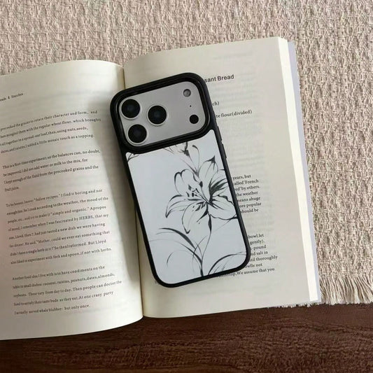 1pc Polar Night Blooming Lily Phone Case Compatible With IPhone 17 Pro Max, 16, 13, 12, 14, Black Edge, Minimalist