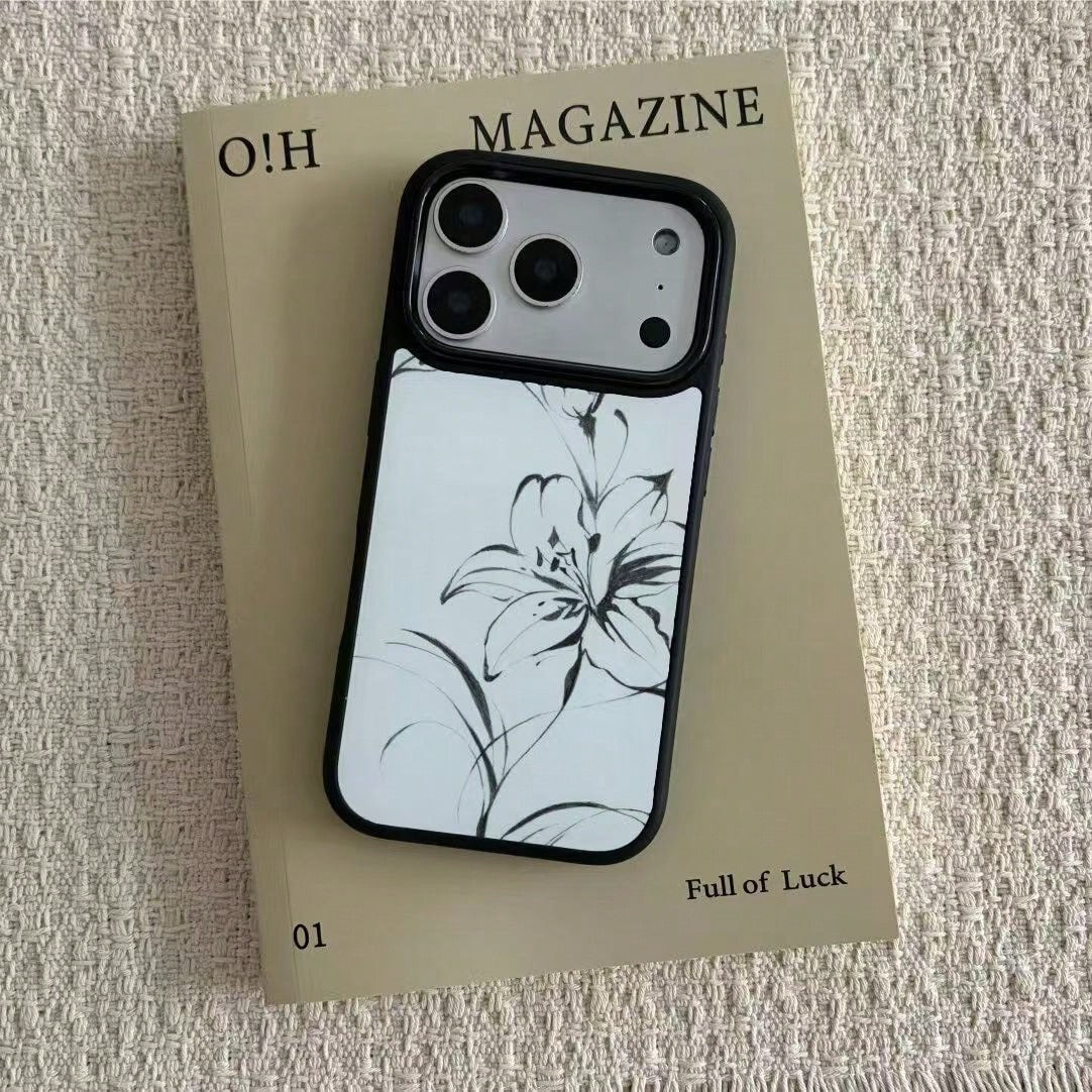 1pc Polar Night Blooming Lily Phone Case Compatible With IPhone 17 Pro Max, 16, 13, 12, 14, Black Edge, Minimalist