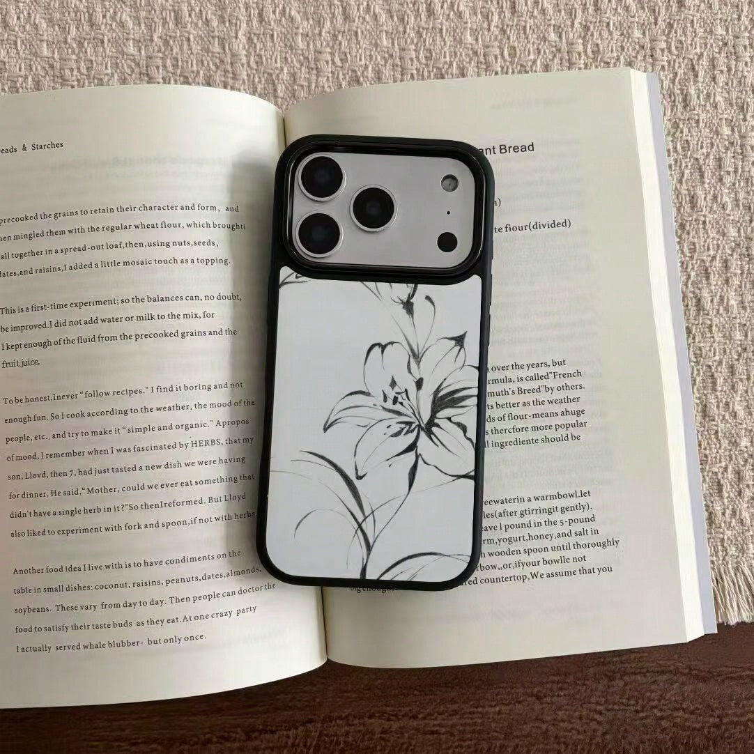 1pc Polar Night Blooming Lily Phone Case Compatible With IPhone 17 Pro Max, 16, 13, 12, 14, Black Edge, Minimalist