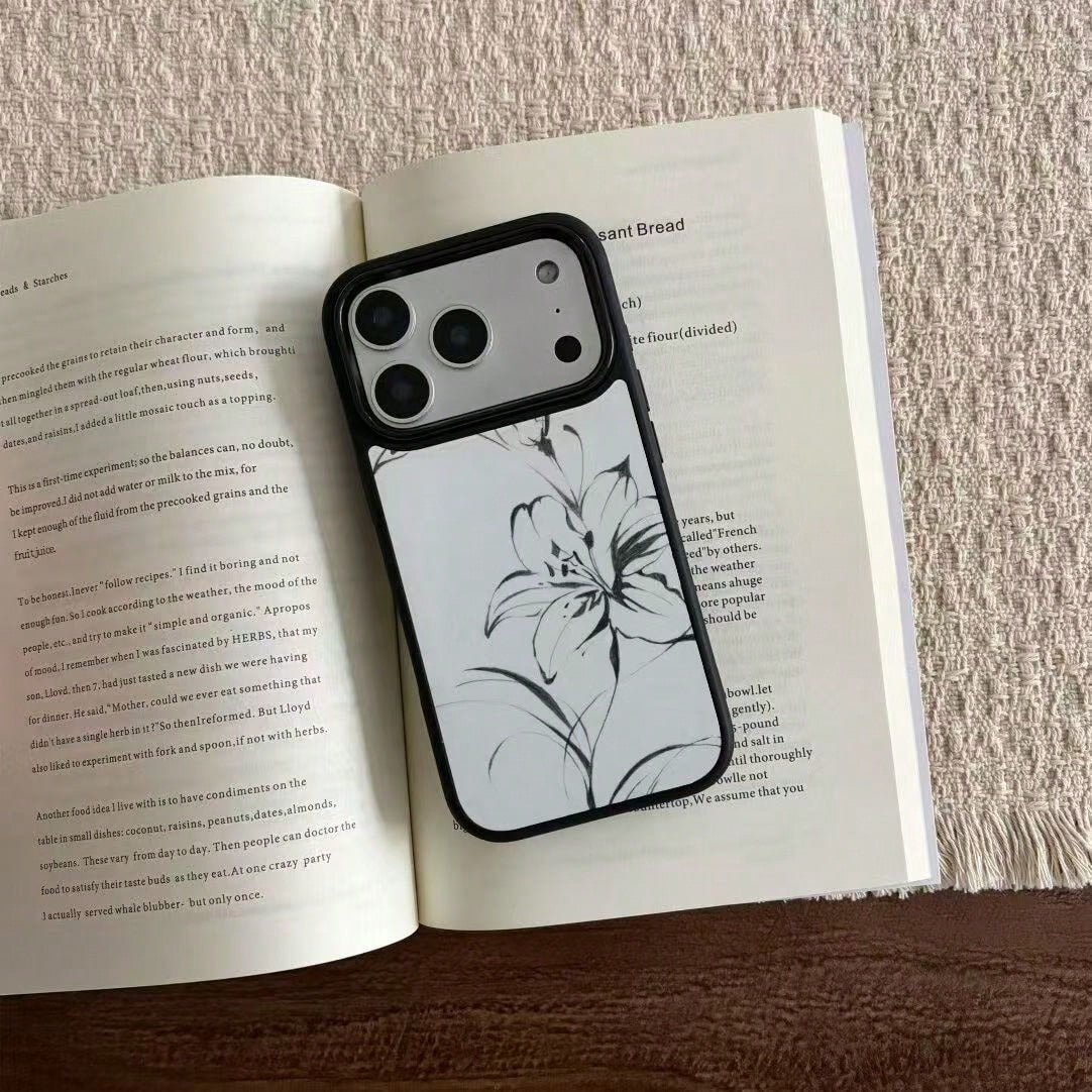 1pc Polar Night Blooming Lily Phone Case Compatible With IPhone 17 Pro Max, 16, 13, 12, 14, Black Edge, Minimalist