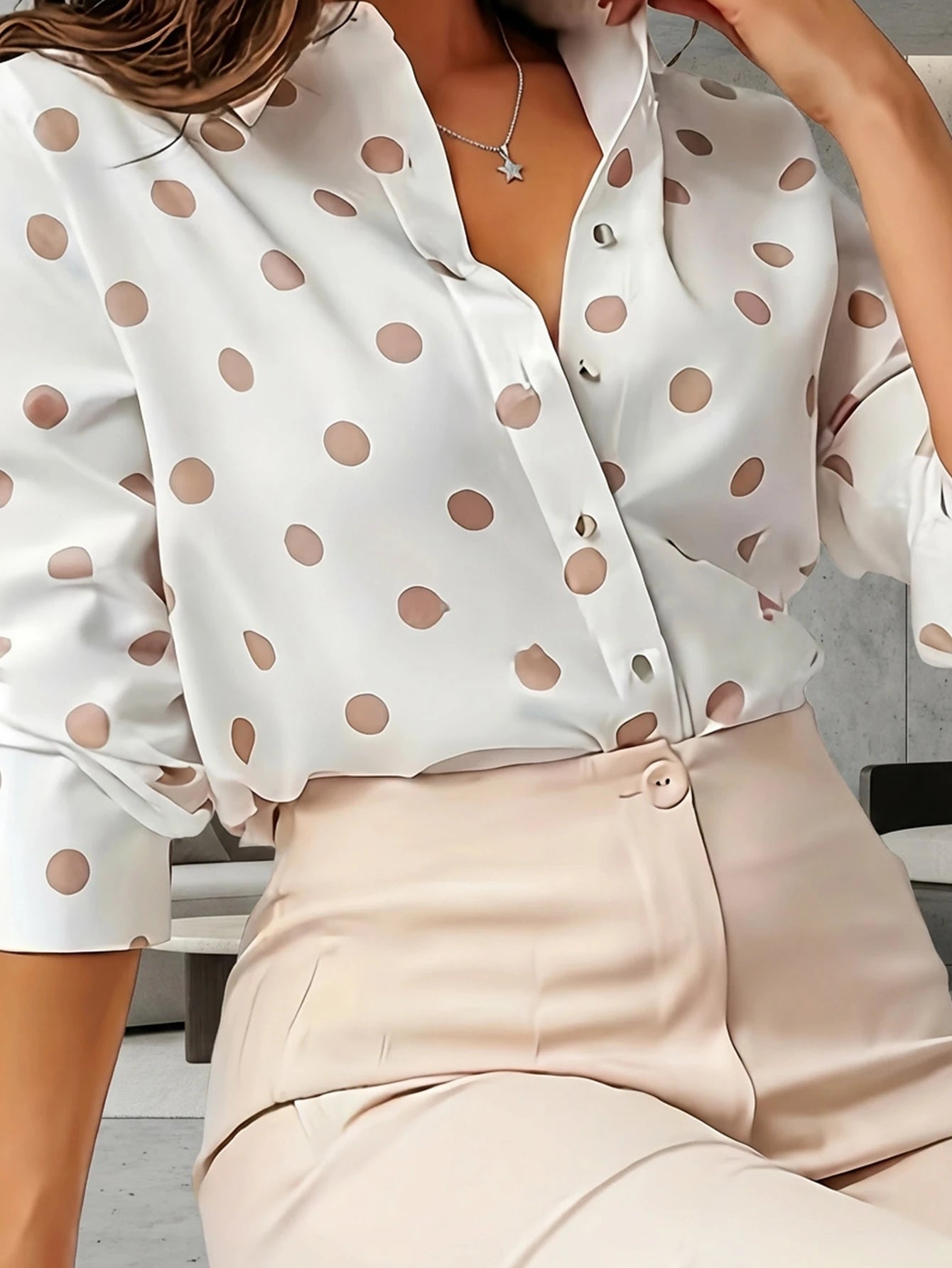 1pc Polka Dot Allover Print Contrast Color Polyester Front Button Shirt, Casual Wear For Spring & Autumn