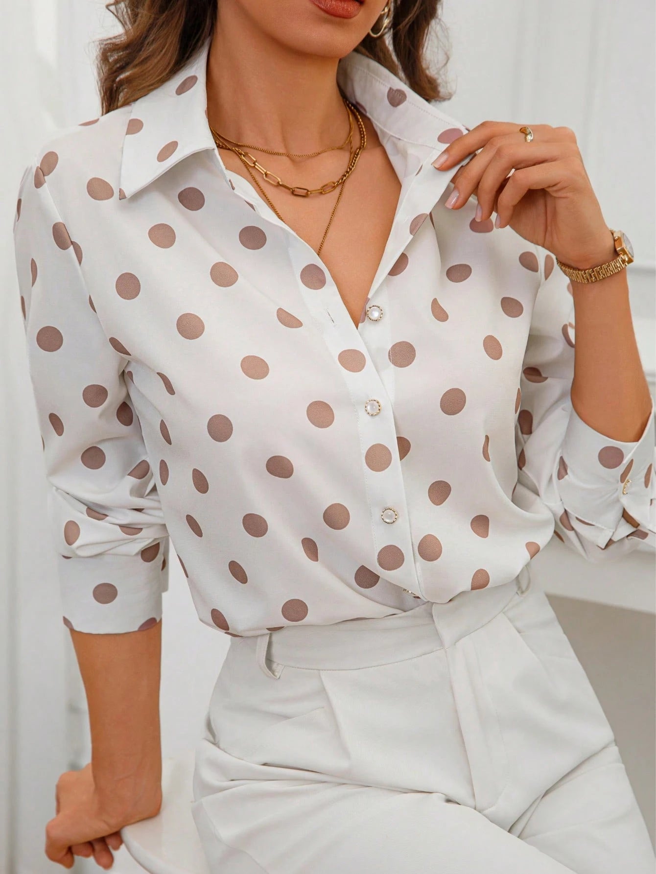1pc Polka Dot Allover Print Contrast Color Polyester Front Button Shirt, Casual Wear For Spring & Autumn