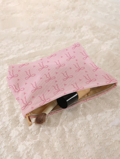 1pc Portable Cosmetic Storage Bag With Bow Pattern Double-Sided Print Travel Zipper Makeup Bag Multi-Functional Toiletry Organizer