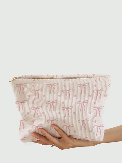 1pc Portable Cosmetic Storage Bag With Bow Pattern Double-Sided Print Travel Zipper Makeup Bag Multi-Functional Toiletry Organizer