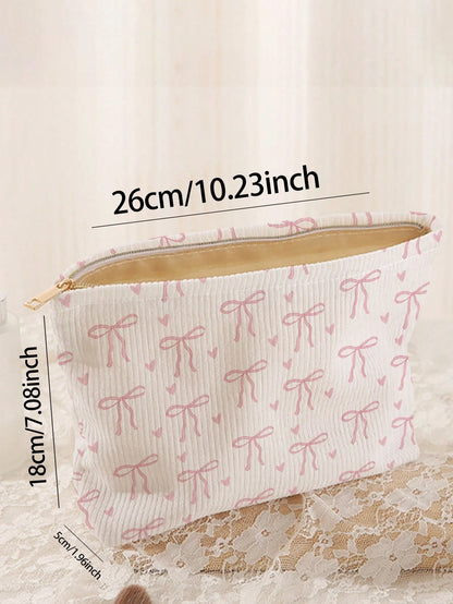 1pc Portable Cosmetic Storage Bag With Bow Pattern Double-Sided Print Travel Zipper Makeup Bag Multi-Functional Toiletry Organizer