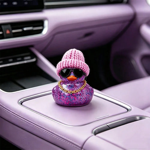 1pc Purple Glitter Rubber Duck Car Dashboard Ornament With Hat, Necklace And Glasses- Cute Car Interior Decor, Suitable For Cars, Motorcycles And Bicycles, Ideal Gift For Christmas, Mother's Day And