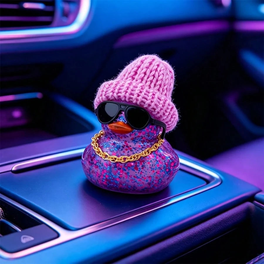 1pc Purple Glitter Rubber Duck Car Dashboard Ornament With Hat, Necklace And Glasses- Cute Car Interior Decor, Suitable For Cars, Motorcycles And Bicycles, Ideal Gift For Christmas, Mother's Day And