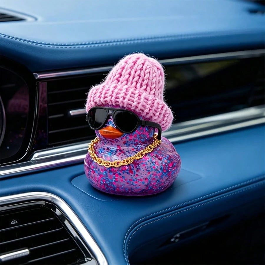 1pc Purple Glitter Rubber Duck Car Dashboard Ornament With Hat, Necklace And Glasses- Cute Car Interior Decor, Suitable For Cars, Motorcycles And Bicycles, Ideal Gift For Christmas, Mother's Day And