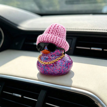 1pc Purple Glitter Rubber Duck Car Dashboard Ornament With Hat, Necklace And Glasses- Cute Car Interior Decor, Suitable For Cars, Motorcycles And Bicycles, Ideal Gift For Christmas, Mother's Day And