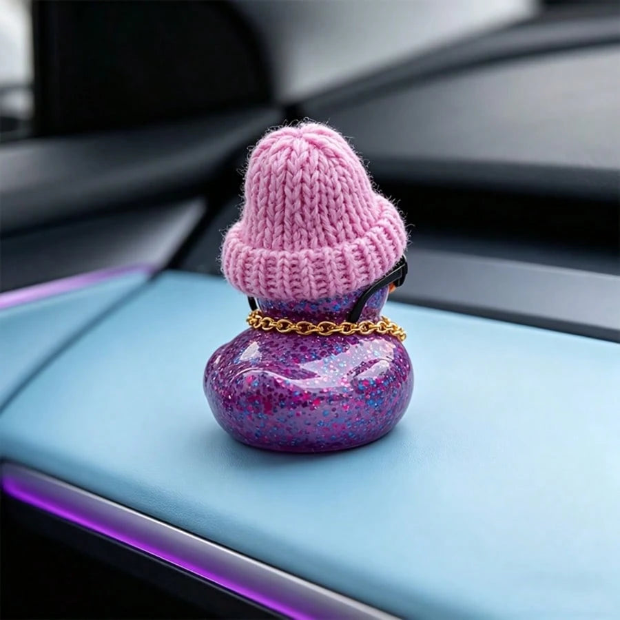 1pc Purple Glitter Rubber Duck Car Dashboard Ornament With Hat, Necklace And Glasses- Cute Car Interior Decor, Suitable For Cars, Motorcycles And Bicycles, Ideal Gift For Christmas, Mother's Day And