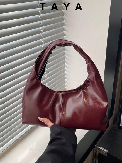 1pc Quilted Snap Button PU Solid Color Retro Soft Leather Dumpling Shoulder Bag, Fashionable Patchwork Underarm Bag, Crescent-Shaped Oiled Wax Leather Large Capacity Commuter Casual Tote Bag, Suitable