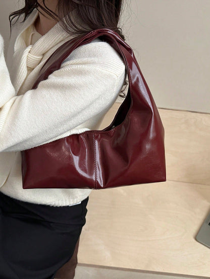 1pc Quilted Snap Button PU Solid Color Retro Soft Leather Dumpling Shoulder Bag, Fashionable Patchwork Underarm Bag, Crescent-Shaped Oiled Wax Leather Large Capacity Commuter Casual Tote Bag, Suitable