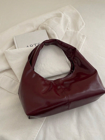 1pc Quilted Snap Button PU Solid Color Retro Soft Leather Dumpling Shoulder Bag, Fashionable Patchwork Underarm Bag, Crescent-Shaped Oiled Wax Leather Large Capacity Commuter Casual Tote Bag, Suitable