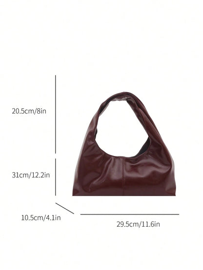 1pc Quilted Snap Button PU Solid Color Retro Soft Leather Dumpling Shoulder Bag, Fashionable Patchwork Underarm Bag, Crescent-Shaped Oiled Wax Leather Large Capacity Commuter Casual Tote Bag, Suitable