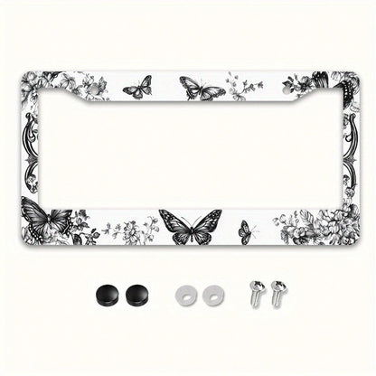 1pc Retro Butterfly Floral Metal License Plate Frame With Mount Screws, Fits US & Most Global Vehicles, Lovely Valentine's Car Decor Gift,Car Cover,Car Must Haves,Gifts,Car Decor,Car Acessesories>Esse