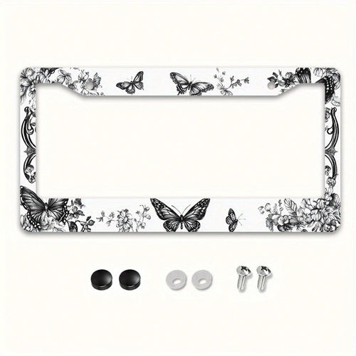1pc Retro Butterfly Floral Metal License Plate Frame With Mount Screws, Fits US & Most Global Vehicles, Lovely Valentine's Car Decor Gift,Car Cover,Car Must Haves,Gifts,Car Decor,Car Acessesories>Esse