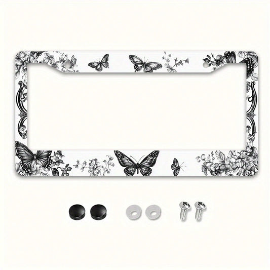 1pc Retro Butterfly Floral Metal License Plate Frame With Mount Screws, Fits US & Most Global Vehicles, Lovely Valentine's Car Decor Gift,Car Cover,Car Must Haves,Gifts,Car Decor,Car Acessesories>Esse