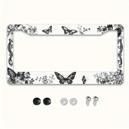 1pc Retro Butterfly Floral Metal License Plate Frame With Mount Screws, Fits US & Most Global Vehicles, Lovely Valentine's Car Decor Gift,Car Cover,Car Must Haves,Gifts,Car Decor,Car Acessesories>Esse