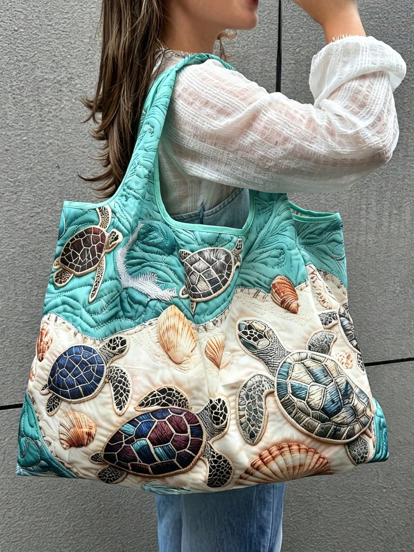 1pc Reusable Shopping Bag, Digital Printing Flat Print, Turtle & Starfish Pattern Beach Bag, Vacation Sand Tool Bag, Large Capacity Foldable, Picnic Tool Bag, Foldable Portable Large Capacity Tote Bag