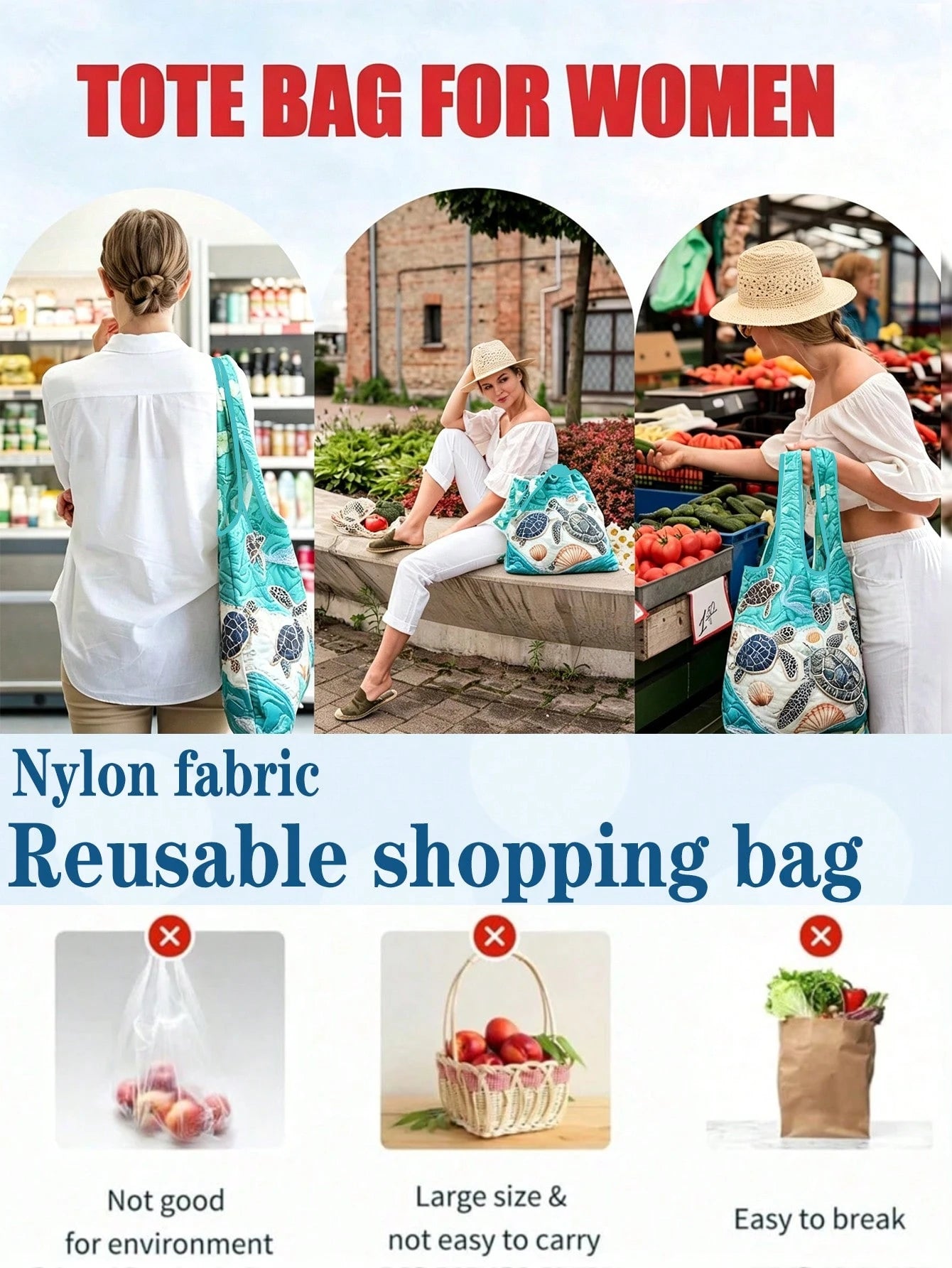 1pc Reusable Shopping Bag, Digital Printing Flat Print, Turtle & Starfish Pattern Beach Bag, Vacation Sand Tool Bag, Large Capacity Foldable, Picnic Tool Bag, Foldable Portable Large Capacity Tote Bag