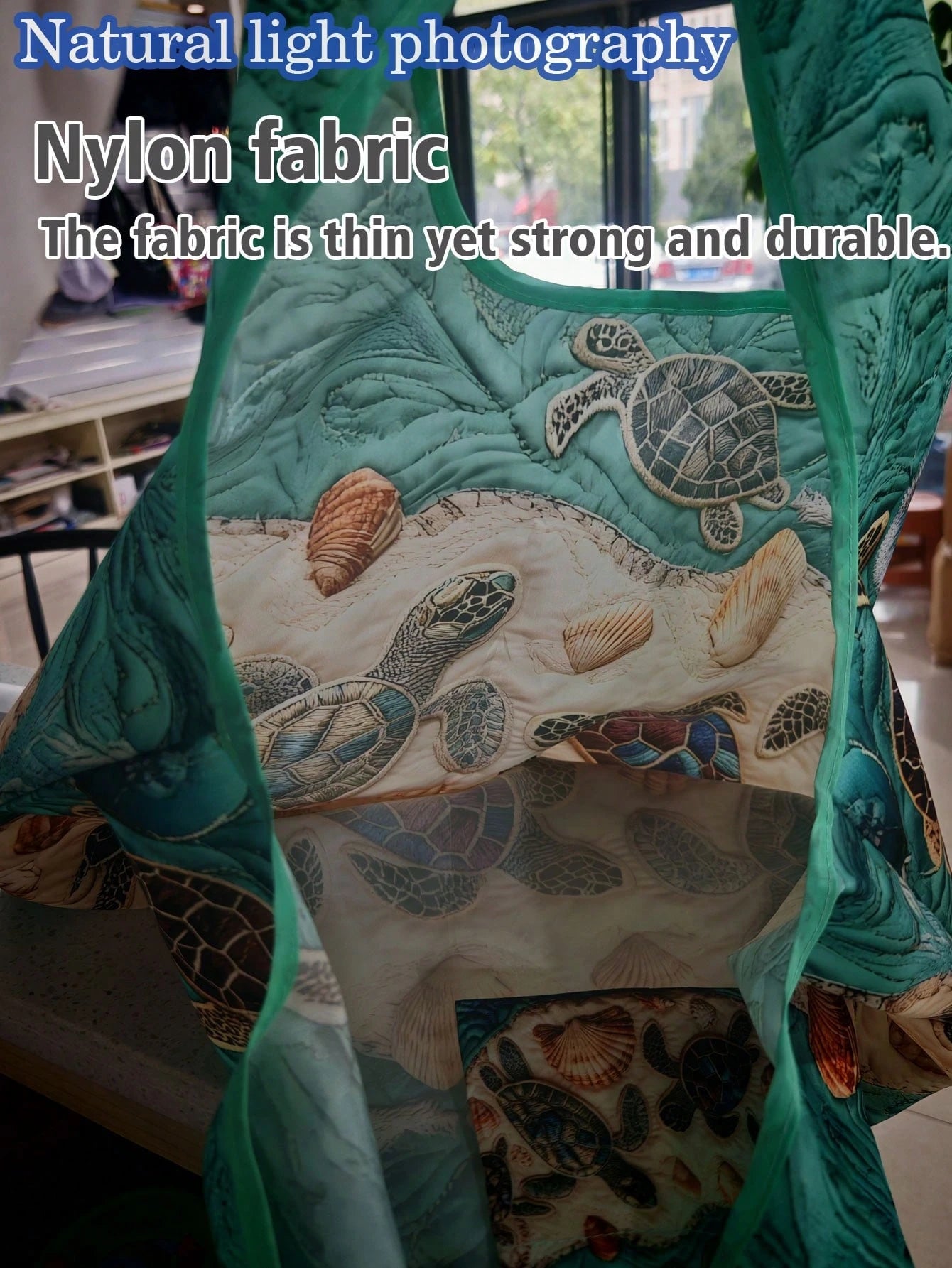 1pc Reusable Shopping Bag, Digital Printing Flat Print, Turtle & Starfish Pattern Beach Bag, Vacation Sand Tool Bag, Large Capacity Foldable, Picnic Tool Bag, Foldable Portable Large Capacity Tote Bag