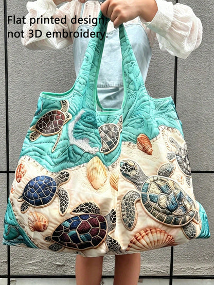 1pc Reusable Shopping Bag, Digital Printing Flat Print, Turtle & Starfish Pattern Beach Bag, Vacation Sand Tool Bag, Large Capacity Foldable, Picnic Tool Bag, Foldable Portable Large Capacity Tote Bag