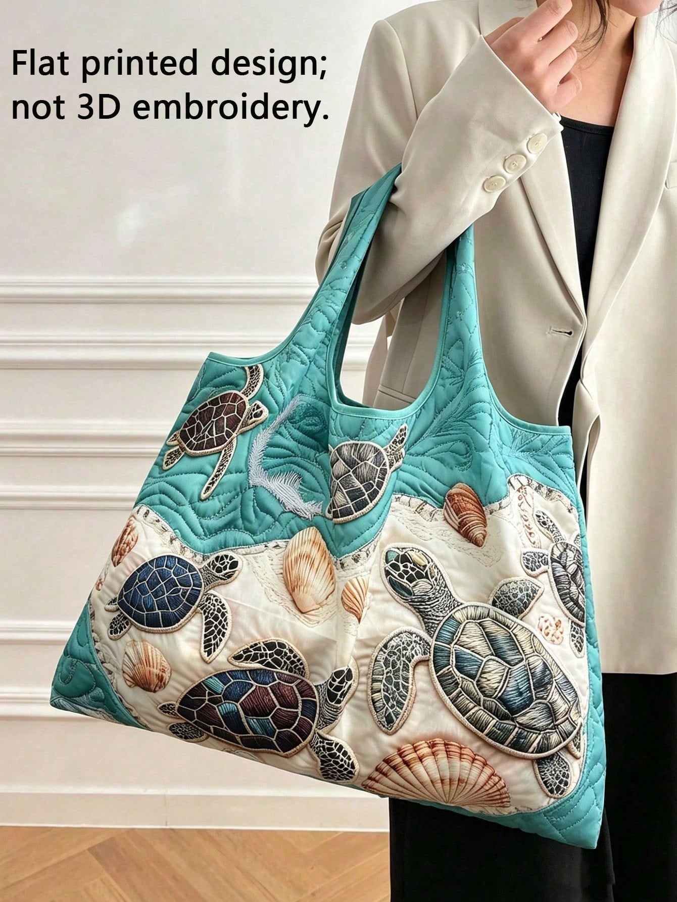 1pc Reusable Shopping Bag, Digital Printing Flat Print, Turtle & Starfish Pattern Beach Bag, Vacation Sand Tool Bag, Large Capacity Foldable, Picnic Tool Bag, Foldable Portable Large Capacity Tote Bag