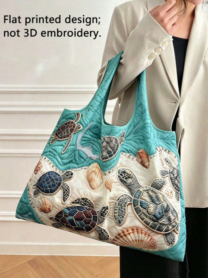 1pc Reusable Shopping Bag, Digital Printing Flat Print, Turtle & Starfish Pattern Beach Bag, Vacation Sand Tool Bag, Large Capacity Foldable, Picnic Tool Bag, Foldable Portable Large Capacity Tote Bag