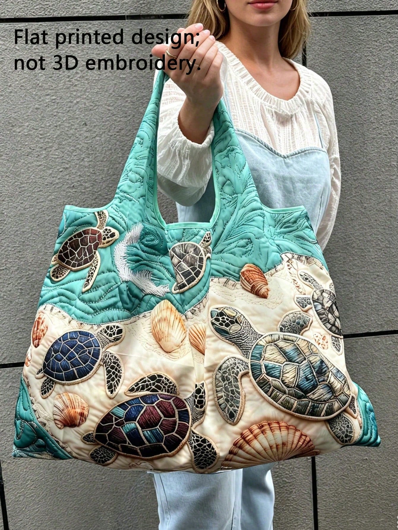 1pc Reusable Shopping Bag, Digital Printing Flat Print, Turtle & Starfish Pattern Beach Bag, Vacation Sand Tool Bag, Large Capacity Foldable, Picnic Tool Bag, Foldable Portable Large Capacity Tote Bag