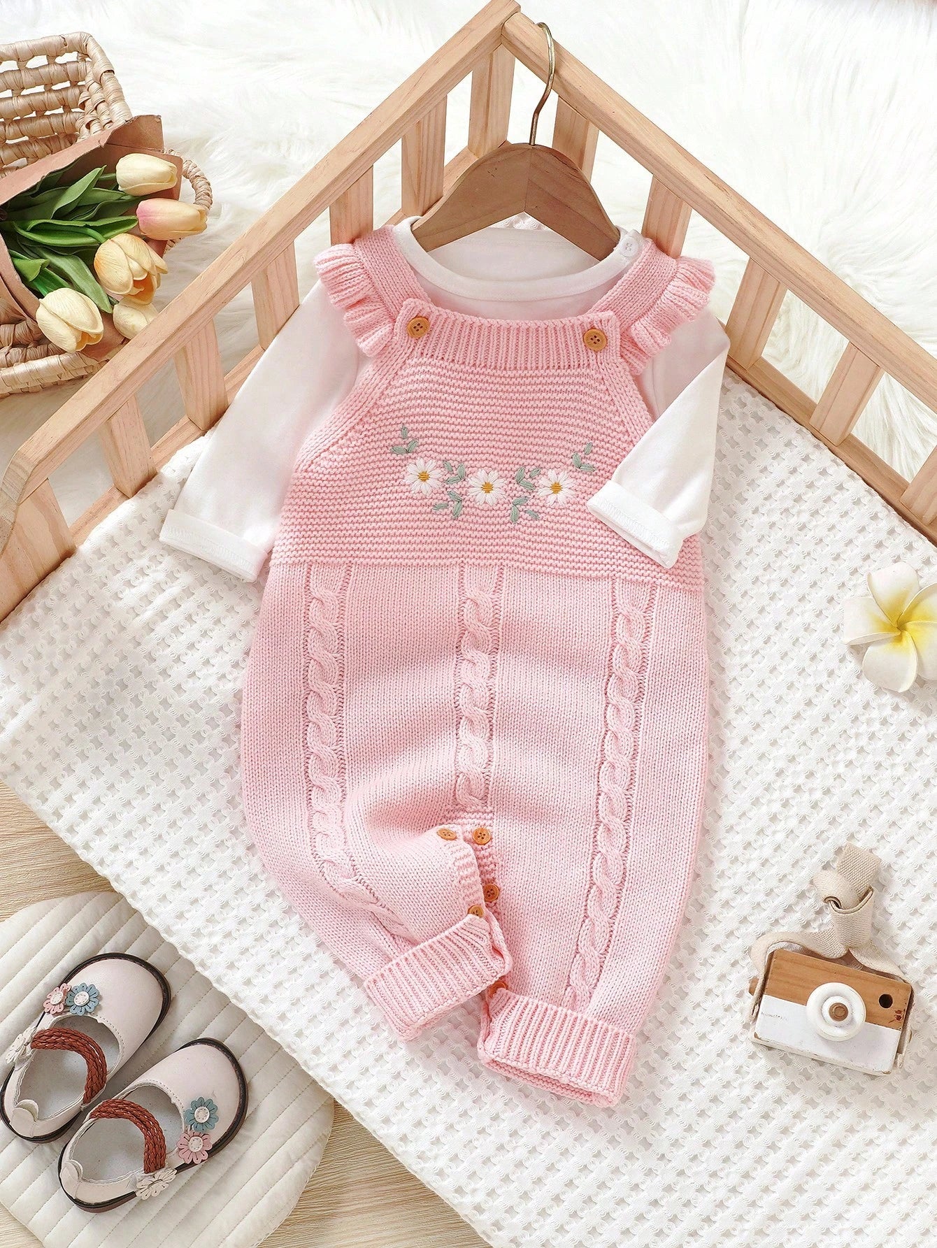 1pc Ruffle Trimmed Jumpsuit For Girls,Embroidered White Pink Floral Baby Knit,Cute Autumn Winter Clothes,Matching Family Sweaters Set Photoshoot