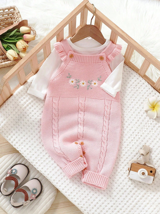 1pc Ruffle Trimmed Jumpsuit For Girls,Embroidered White Pink Floral Baby Knit,Cute Autumn Winter Clothes,Matching Family Sweaters Set Photoshoot