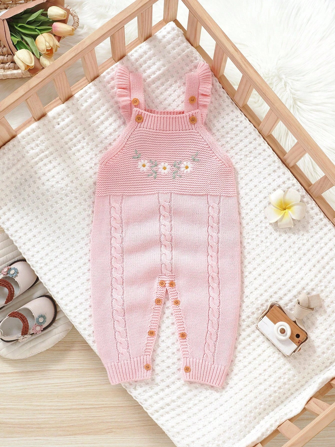 1pc Ruffle Trimmed Jumpsuit For Girls,Embroidered White Pink Floral Baby Knit,Cute Autumn Winter Clothes,Matching Family Sweaters Set Photoshoot